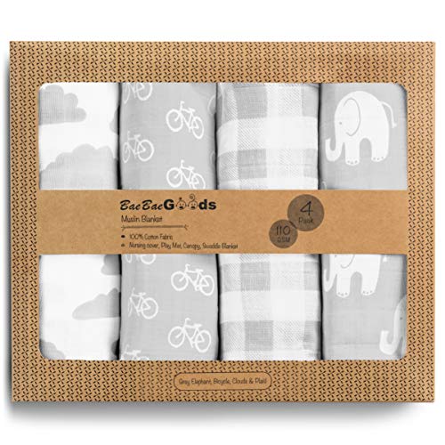 Muslin Swaddle Blankets â€“ Soft Pure Cotton Muslin Blankets â€“ 4 Pack of Breathable Swaddle Blankets â€“ Unisex Baby Swaddle Blankets in Grey White Designs â€“ Multi Use Muslin Blankets â€“ 47 x 47 inches