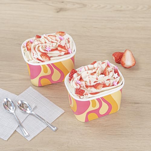Image of Restaurantware Paper Cups 200 Count 12 Ounce Square Disposable Ice Cream Containers, Leak-Resistant Paper Dessert To Go Cups, Hot And Cold Food, Durable Tropical Twist Design, Lids Sold Separately