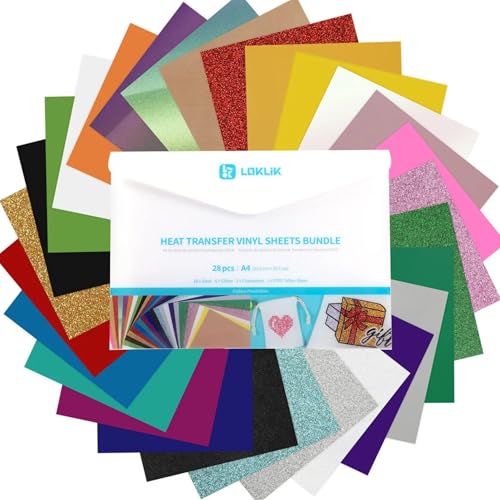 LOKLIK Lot de 27 Feuilles Vinyle Thermocollant A4 pour T-Shirt – HTV pour Machine de Découpe – 16 Couleurs Unies, 8 Pailletées, 3 Caméléon + 1 Feuille Téflon – DIY Textile