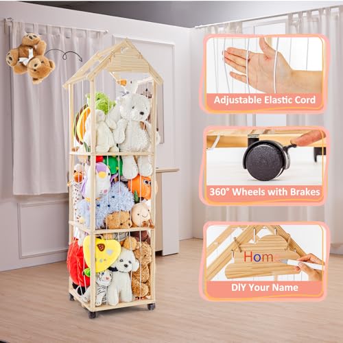 Holz Kuscheltier Aufbewahrung, Stofftier Aufbewahrung Mit 360°Bremse-Ausgestattete Räder, 150 * 40 * 40cm Plüschtier Organizer für Kinderzimmer, Spielzimmer, Wohnzimmer usw