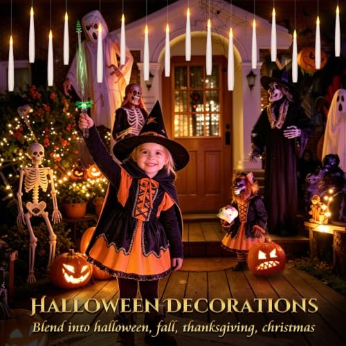 Image of Floating Candles with Wand for Halloween Decorations: Upgraded 20Pcs Magic LED Hanging Floating Candle Battery Operated Flameless Candles with Timer for Birthday Gifts Halloween Party Indoor Decor