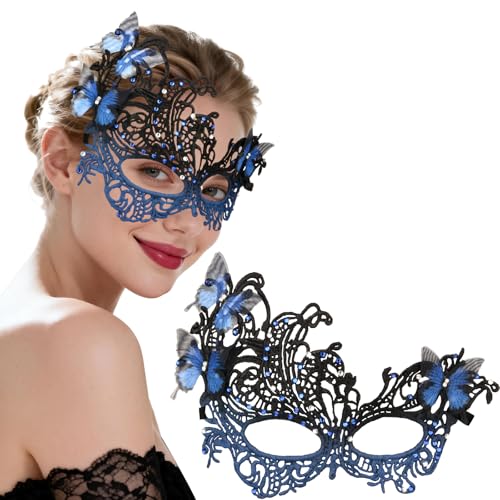 Hoshin Masquerade Mask for Women Lace Venetian Masks with Butterfly Mardi Gras Party Masks Costume(Butterfly Blue & Black)