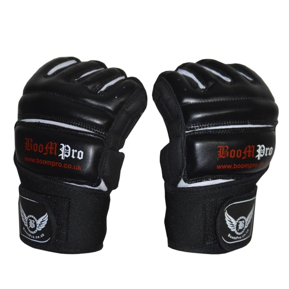 Fingerless Combat Gloves UniSex - MMA Training Gloves Weight Lifting - Leather Punch Bag Mitts Kick Boxing -Wrist Support Gel Padding on knuckles Sweat Proof Cycling (Black, M) โ image 1