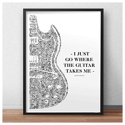 Gibson SG cartel con dibujos y detalles en el interior de la imagen | Cita de Angus Young I just go where the guitar takes me | cartel de arte de ilustración en blanco y negro