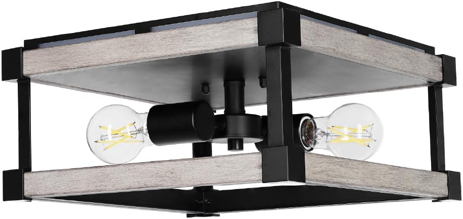 Sylvania 13" Flushmount Light Fixture with Night Light with 90 LMS, 2-Bulb, Hardwire, Indoor, Faux Wood/Black Matte - 1 Pack (63585)