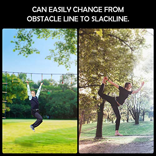 OLIKER Ninja Warrior Obstacle Course for Kids Ninja Slackline 44 Feet Monkey Bar Kit Adjustable Position Outdoor Play Equipment Ninja Line for Kids Backyard Obstacle Training with Rope Ladder - Thumbnail 7