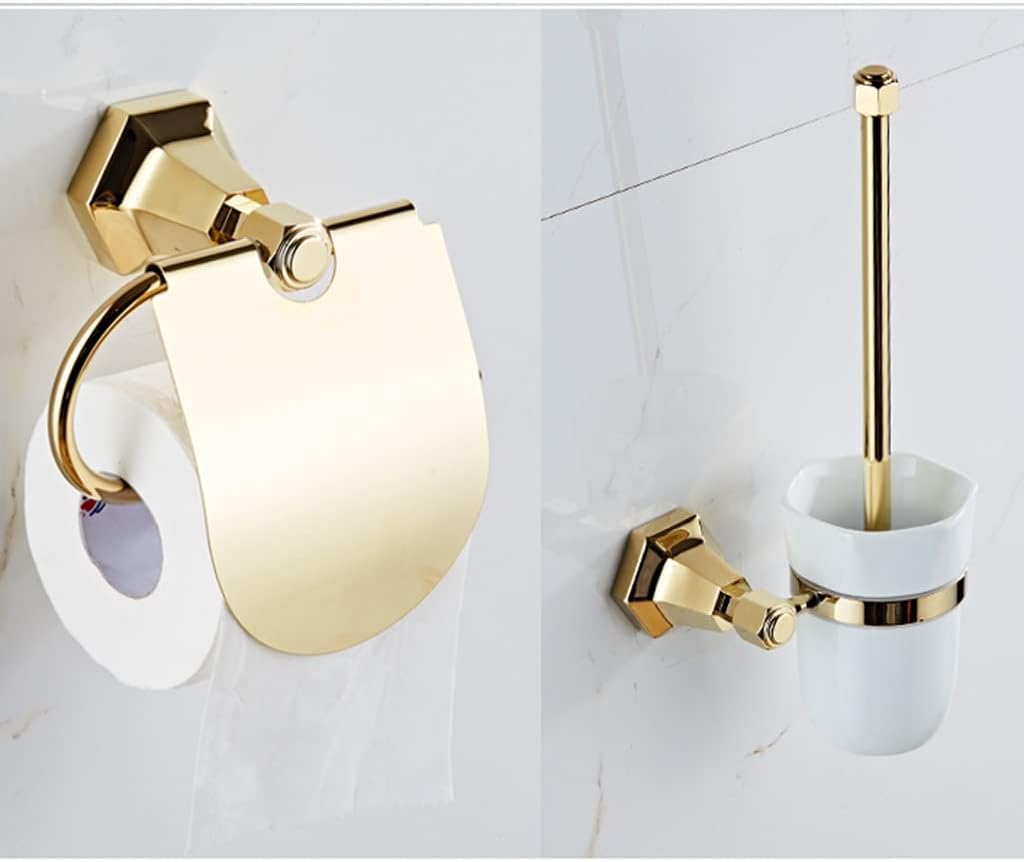 LSLYTQ Style Full Copper Gold Towel Ring, Coat Hook, Toilet Brush, Double Cup, Hair Dryer, Tissue Holder, Light Luxury Bathroom Accessories Kit