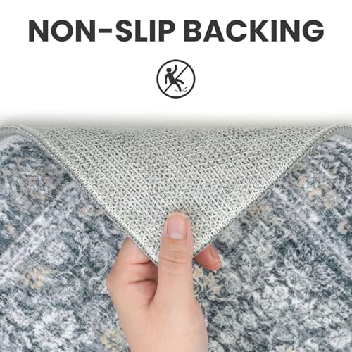 2x6 Grey Brown Washable Runner Rug for Hallways, Soft Neutral Vintage Kitchen Rugs with Non-Slip, Non-Shedding Distressed Floral Rug for Bedroom Kitchen Porch Laundry Entryway