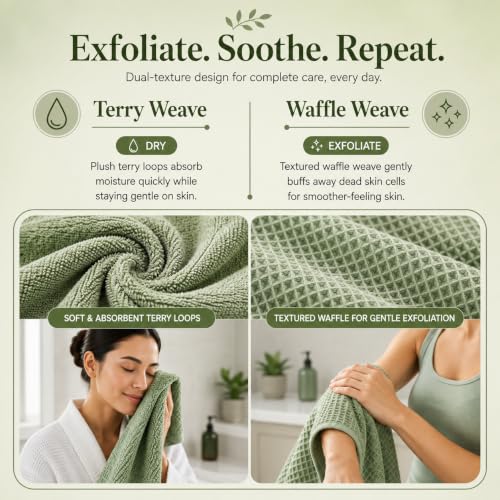 Image of Mush Bamboo Dual Texture Waffle Terry Bath Towel Set of 3 | 500 GSM Ultra Soft, Highly Absorbent, Quick Dry Towels | Large Towels for Bath, Gym, Spa | Green, Orange & Grey (70x140 cm)