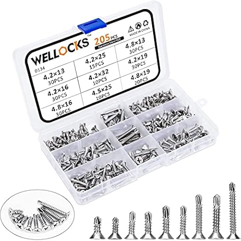 WELLOCKS Self Drilling Screws M4.2 M4.5 M4.8 Flat Head 13-32mm Length Stainless Strong Tek Screws Self Driller Assortment Kit Set with Storage Box for Attaches Sheet Metal Steel 205 Pcs (D134) Cover