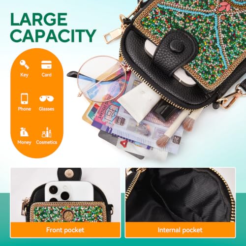 Image of Women's Small Crossbody Cell Phone Bag, Boho Colorful Beaded Purse Wallet with Handmade Cute Patterns