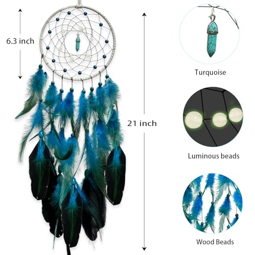 Blue Dream Catchers Luminous Dream Catcher for Boys Girls Kids Bedroom Handmade Nature Feather Decor Wall Hanging