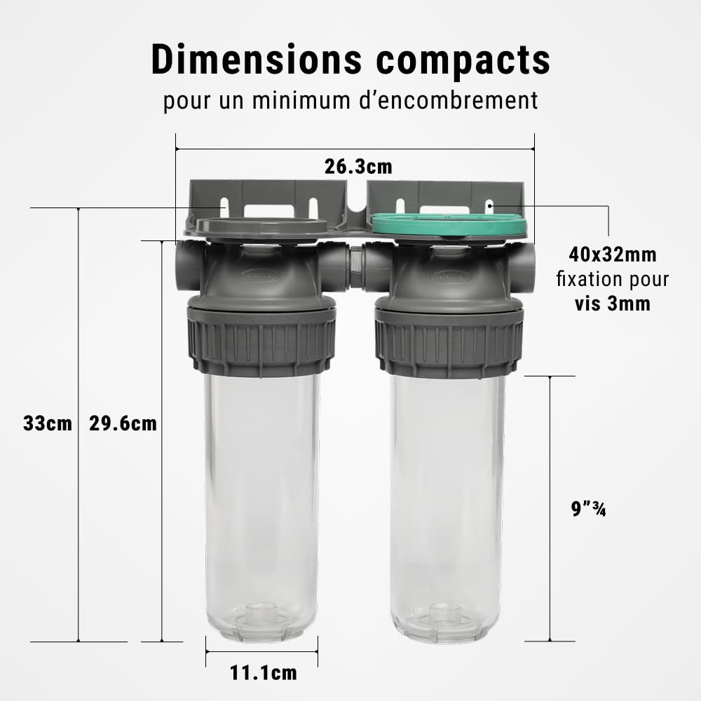 ECOSOFT Porte filtre eau double 9’’3/4 3P, connexion 3/4'', support de fixation, clé, conçu pour une filtration de l’eau du robinet facile, sûre, fabrication européenne