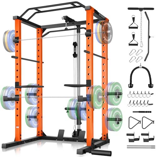 OPPSDECOR Power Cage, Multi-Function Power Rack with Adjustable Cable Pulley System, Squat Rack with Pull-up Bar, J-Hooks, More Training Attachment for Home Gym