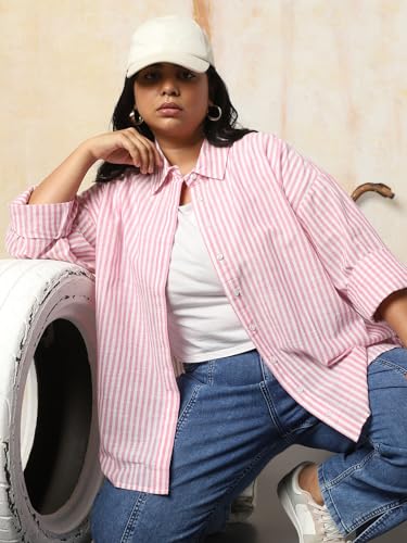 Image of HIGH Star Oversized Striped Cotton Shirt for Women | Stylish Tops for Women | Comfortable and Trendy Casual Shirt