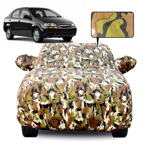 Image of Waterproof Car Body Cover for Chevrolet Aveo with Mirror Pocket, Soft Cotton Lining, Triple Stitched, Full Bottom Elastic (Heat Resistant Jungle Print with Red Piping)