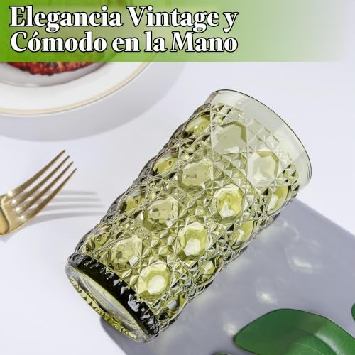 Miniatura 7 de Joeyan 400ml Vasos De Cristal Agua Colores, Juego De 4 Verde Vasos Altos De Vidrio Con Relieve Gemas, Decoración Modernos Cristalería Para Refrescos,Café,Té,Cerveza,Leche,Cócteles, Apto Lavavajillas