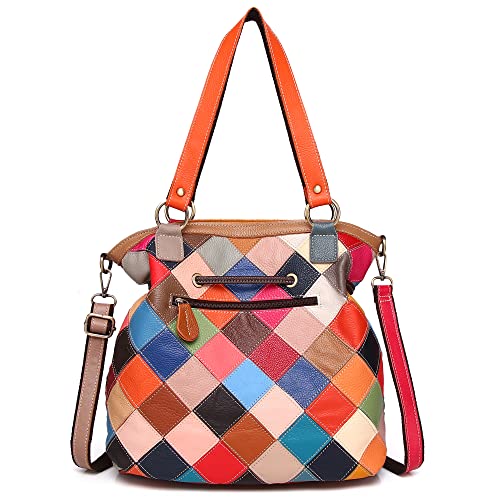 Women Multicolor Shoulder Handbag Leather Purse Circle Splicing Tassel Satchel3