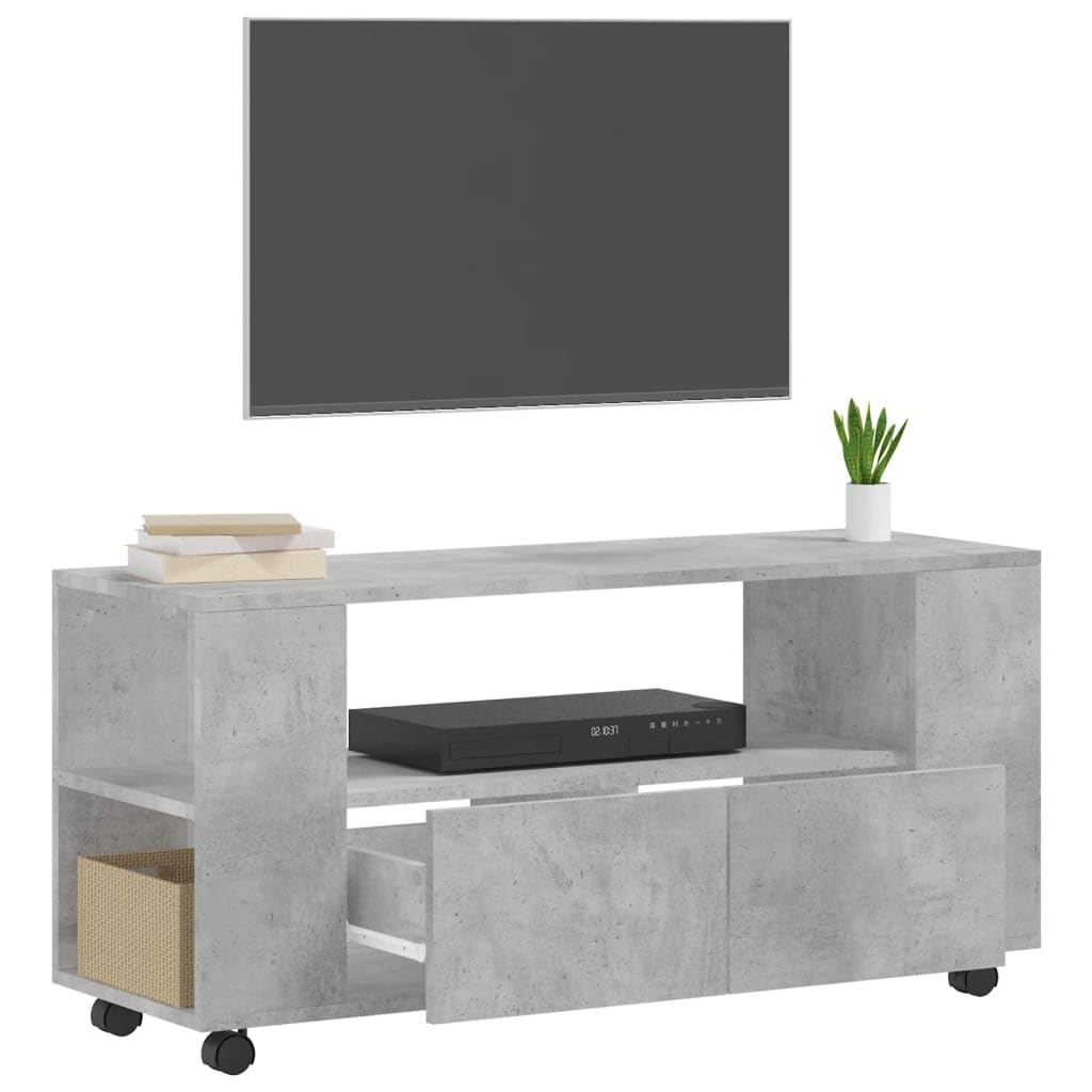 Szafka pod telewizor betonowa szara 102 x 34,5 x 43 cm z materiału drewnopochodnego z 4 kółkami i dużą ilością miejsca do przechowywania urządzeń multimedialnych i artykułów dekoracyjnych
