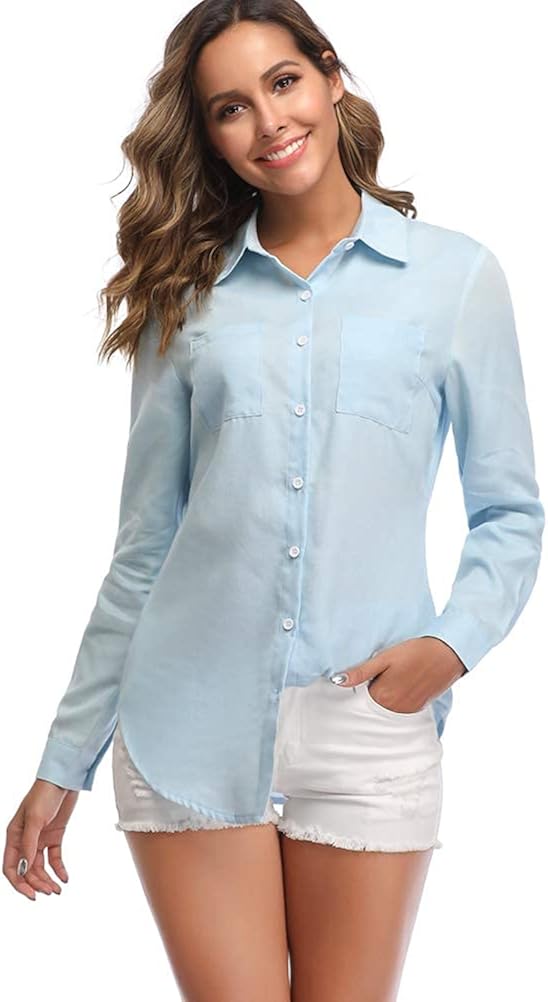 Fuinloth Women's Chambray Button Down Shirt, Long Sleeve Cotton Blouse, Long Jeans Tunic Top