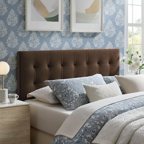 Image of Modway Lily Performance Velvet Full Size Headboard with Biscuit Tufting in Chocolate Brown - Stain-Resistant Upholstery with Padded Design and 5 Height-Adjustable Mounts
