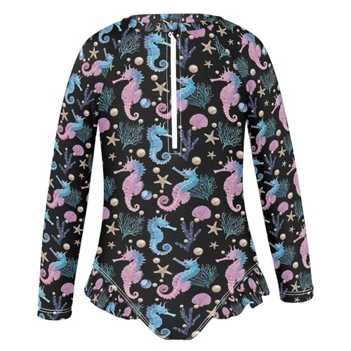 ALAZA Pearl Shell Seahorse Starfish Black Girls One Piece Swimsuit Long Sleeve Rash Guard Swimsuits UV 50+ Swimwear Zipper2