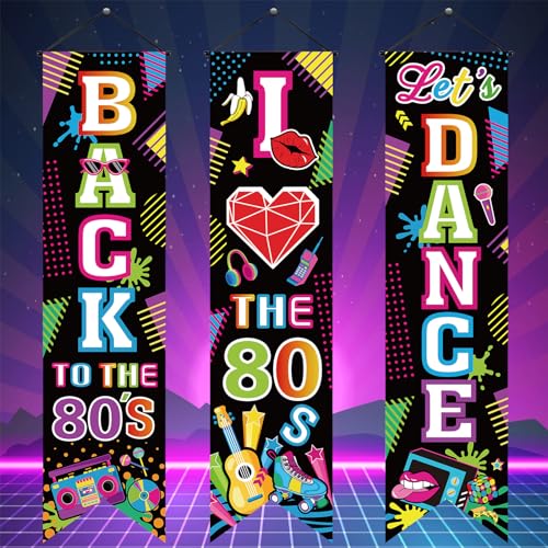 Image of Chiisong 3 Pieces 80's Party Decorations Back to The 1980 Banners I Love 80s Porch Signs Hanging Backdrops for Home Bar Retro Theme Hip Hop Rock Disco Birthday Party Door Wall Decor Supplies