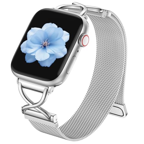 Dirrelo Stainless Steel Band Compatible with Apple Watch Band Women 40mm 41mm 42mm 44mm 45mm 49mm, Mesh Metal Clasp Magnetic Strap for Apple iWatch Series SE 3/11/10/9/8/7/6/5/4/Ultra(1/2/3), Silver