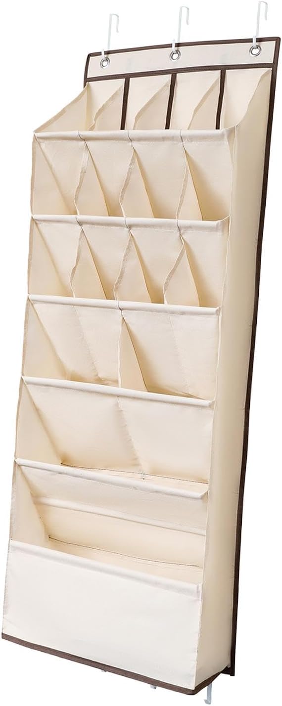 Qianly Deep Pockets Door Shoe Rack Narrow Door Shoe Rack for Men Women Kids Resuable Multipurpose Hanging Shoe Organizer for Hats Crafts Clothing, Beige 16 grids