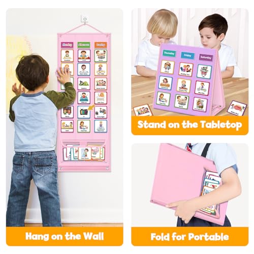 Image of Large Visual Schedule for Kids Chore Reward Chart,Bedtime Routine Chart for Toddlers,Double Side Schedule Board with 109 Cards for Home School Planner,Autism Learning Materials (Pink)
