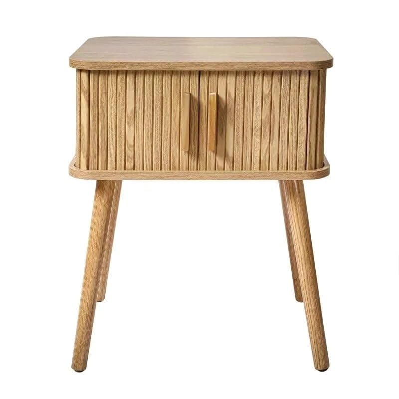 Calicosy- Table De Chevet Vintage 2 Portes Coulissantes - Décor Chêne - Façade Rainurée - Panneaux De Particules - Poignées Et Pieds Bois Véritable -...