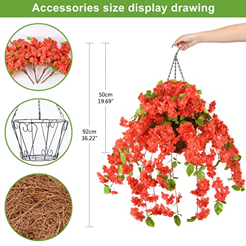Artificial Flowers Hanging Basket With Peach Blossom Silk Vine Flowers For Outdoor/Indoor, Artificial Hanging Plant In Basket, Ivy Basket Artificial Hanging Plant For Patio Lawn Garden Decor (Red) #TOP5
