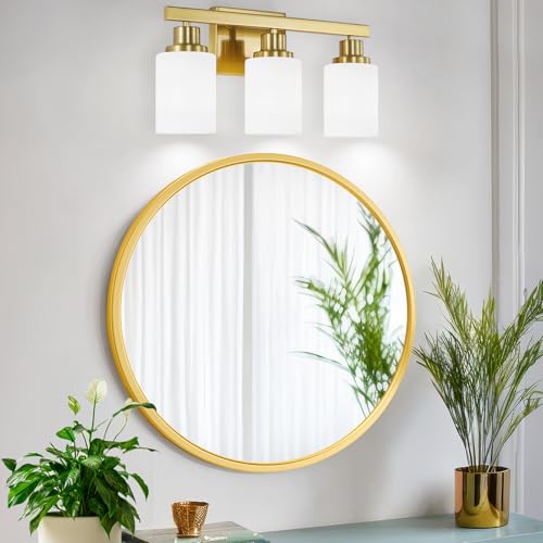 Image of 3-Light Bathroom Light Fixtures Vanity Light Brushed Gold 17in | White Frosted Ribbed Glass Shade Bathroom Lights over Mirror Modern Wall Lamp Sconces for Mirror Bedroom Hallway E26 Base