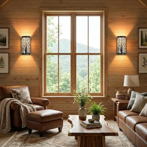 Image of Rustic Industrial Farmhouse Wall Sconces Set of 2, Hardwired Metal Tree Branch Vintage Wall Light Fixtures with White Parchment Shades, 1-Light E26 Indoor Living Room Bedroom Hallway