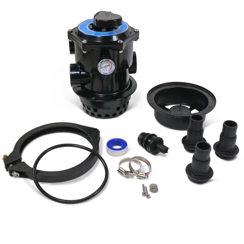 OKU 6-Wege Top-Mount-Ventil Komplett-Set - Ø 177 mm - Inkl. Manometer Spannring O-Ring Schlauchtüllen 32/38 mm Winterablassventil & Sandeinfüllhilfe - Passend für Filterkessel Ø 300/400/500 mm