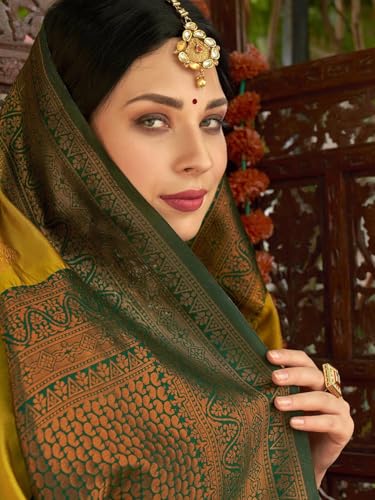 Image of Women's Soft Art Silk Kanjivaram Saree and Unstitched Blouse Piece with Floral Rich Pallu and Jacquard Jari Work On All Over | South Indian Saree