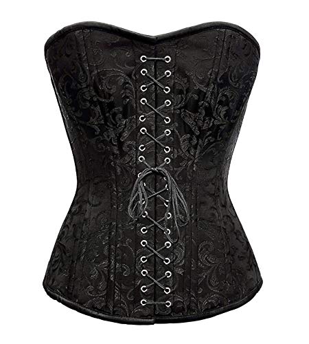 Black Brocade Steel Bone Front Lace Plus Size Corset Gothic Overbust Bustier Top
