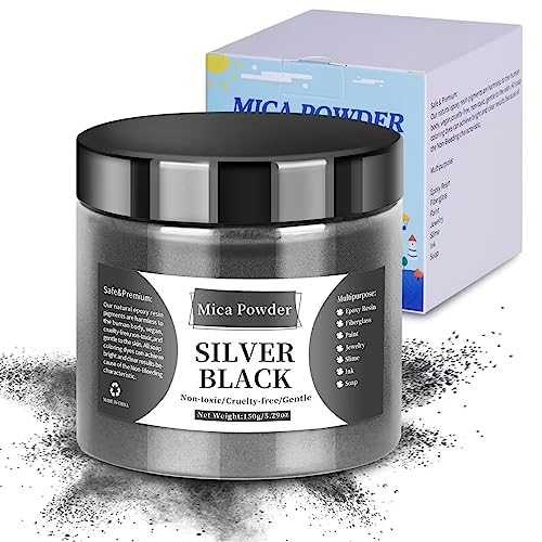 5.29Oz/150G Mica Powder - Lightstone Mica Powder For Epoxy Resin - Pearl Pigment Powder Dye For Resin/Eye Shadow/Soap Making/Nails/Bath Bombs Etc. (Silver Black) #TOP4