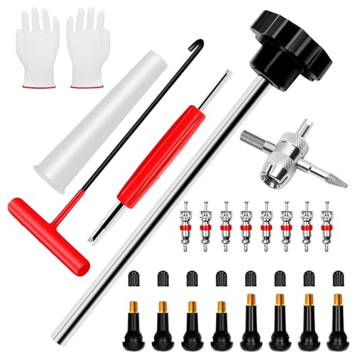 22PCS Tire Valve Stem Tool–Quick Change Valve Installer Kit with TR413/TR414 Valve Stems,Valve Stem Removal Tool,4-Way Valve Core Removal Tool,T-Handle Puller,Push Rod&Gloves–Fits Cars,Trucks and More