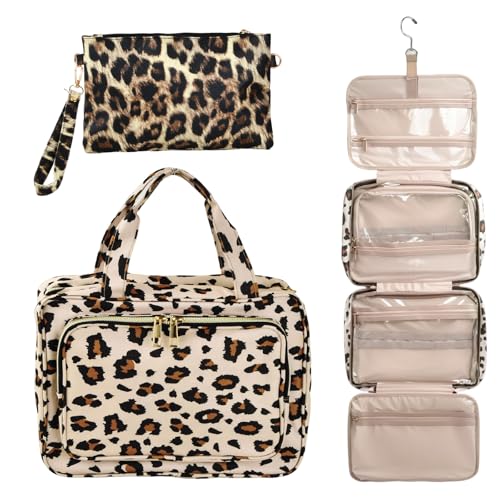 Bolsa de Aseo Colgante, Organizador de Artículos de Tocador de Viaje con Neceser de Viaje de Leopardo, Neceser Colgante de Viajes de Gran Capacidad, Bolso de Baño para Viaje, Toiletry Bag Plegable