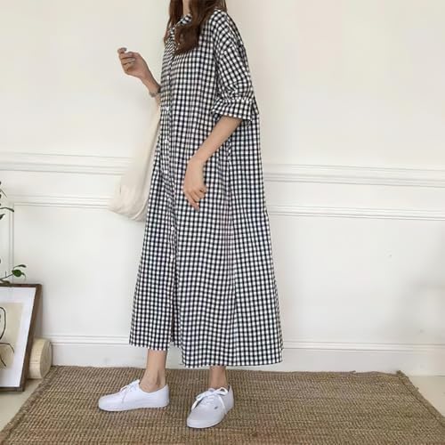 chouyatou Women's Summer Casual Short Sleeve Cotton Gingham Dress Plaid Midi Long Shirt Dress4
