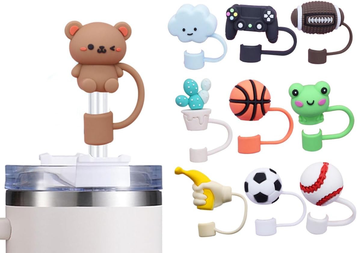 ECVV 10Pcs Straw Cover Cap for Stanley Cup Cute Silicone Straw Lids, Reusable Dust-Proof Straw Topper for Stanley Tumbler Accessories, 10mm