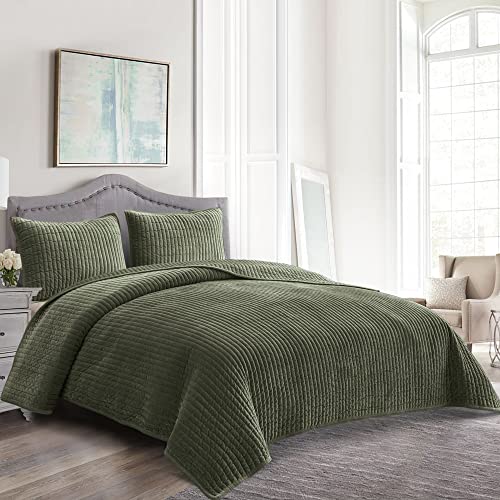 Shalala Velvet Comforter Queen,Striped Bedding Set,Lightweight Comforters,Reversible Luxurious Cozy Warm Bedspread Coverlet With Soft Brushed Microfiber Back For All Season(Army Green,Full/Queen) #TOP1