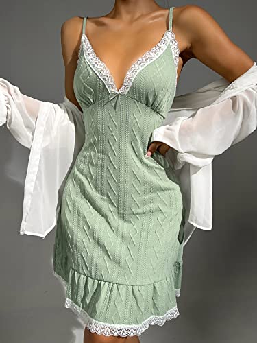 Makemechic Women's Slip Nightgown Contrast Lace Ruffle Hem Knitted Cami Night Dress Sleepwear Mint Green M #TOP2