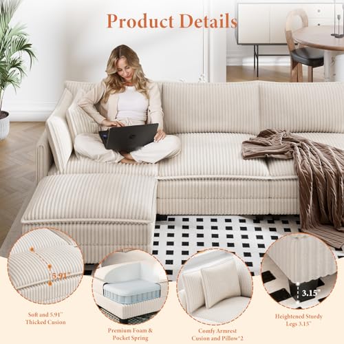 Image of Vesgantti 109 inch L Shaped Cloud Sectional Couch, Comfy Corduroy Upholstered Modular Couches for Living Room, Modern 3 Seater Sectional Sofa with Ottoman Deep Seat, Beige