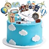 Adecortalk 34 Pcs Travel Cake Toppers Mini Suitcase Airplane Map Camera Birthday Cake Decorations for Travel Themed Party Decorations Let The Adventure Begin Around the World Party Supplies