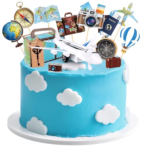 Adecortalk 34 Pcs Travel Cake Toppers Mini Suitcase Airplane Map Camera Birthday Cake Decorations for Travel Themed Party Decorations Let The Adventure Begin Around the World Party Supplies