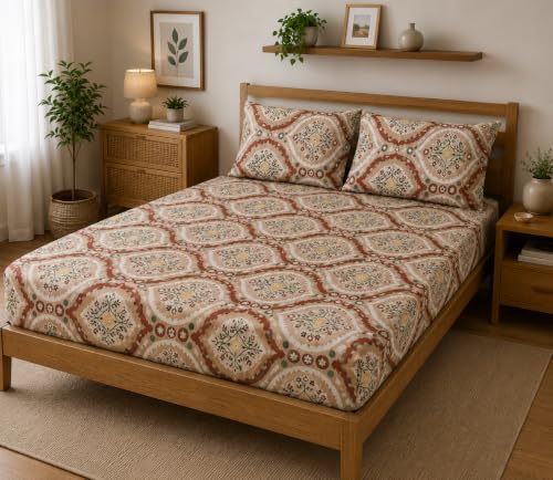 Image of Fitted Bedsheet Ethnic Beige Jaipuri Print Glace Cotton 210 TC | Single Size for Single Bed Fits 3 x 6.25 ft Mattress (36 x 75 Inch) | All Around Elastic | 2 Pillow Cover | 7 Inch Deep Pocket