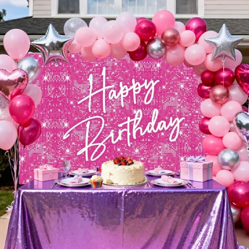 Image of Glitter Happy Birthday Backdrop Banner, Pink Birthdays Banner Backdrop, Happy Birthday Party Decoration Yard Sign Background for Girl Women Birthdays Party Indoor Outdoor Decorations