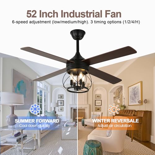 Image of 52 inch Farmhouse Rustic Caged Chandelier Fan with Light